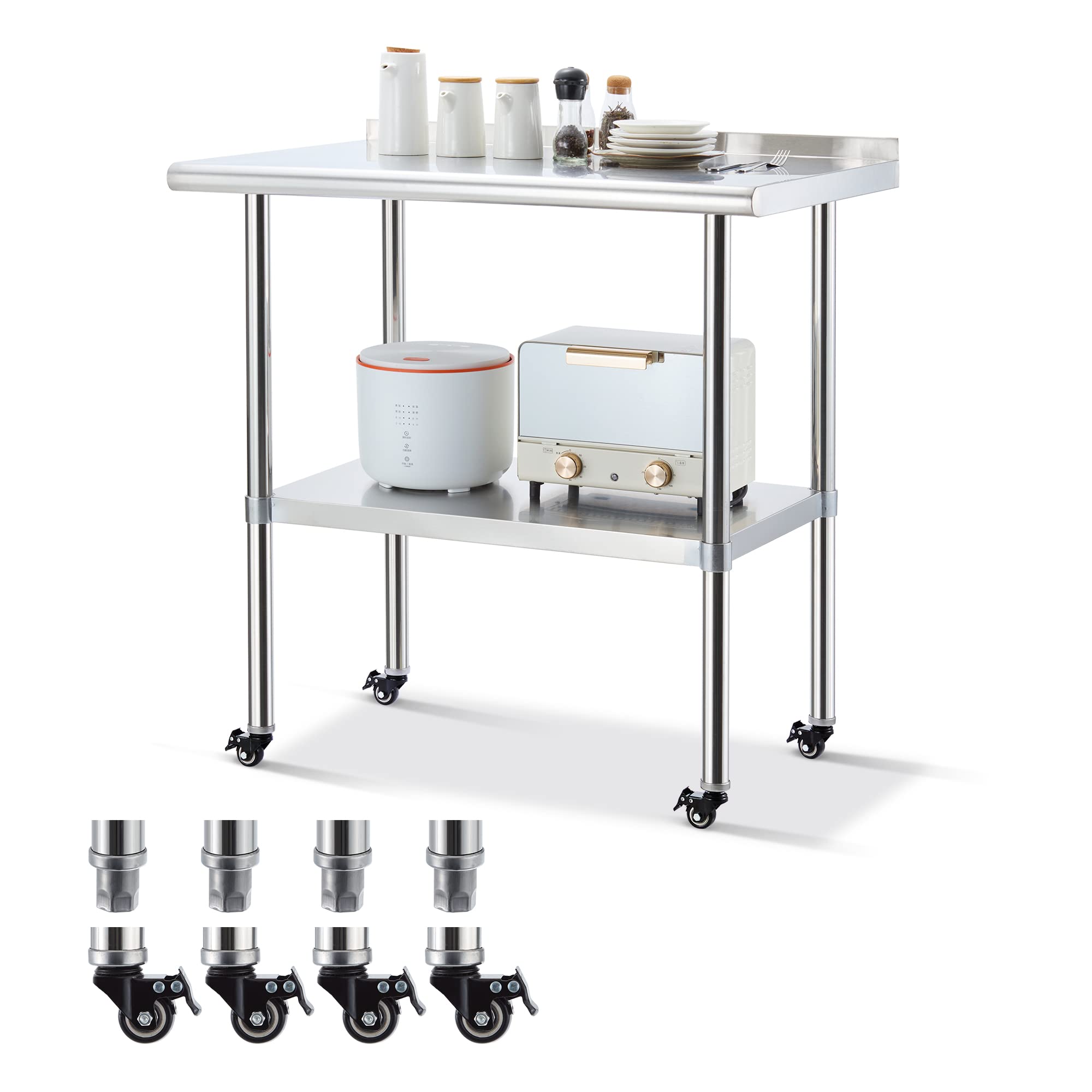 Sapodilla NSF Stainless Steel Worktables with Wheels, 36×24 Inches Commercial Heavy Duty Tables with Backplash and Adjustable Undershelf for Kitchen, Restaurant, Hotel and Garage