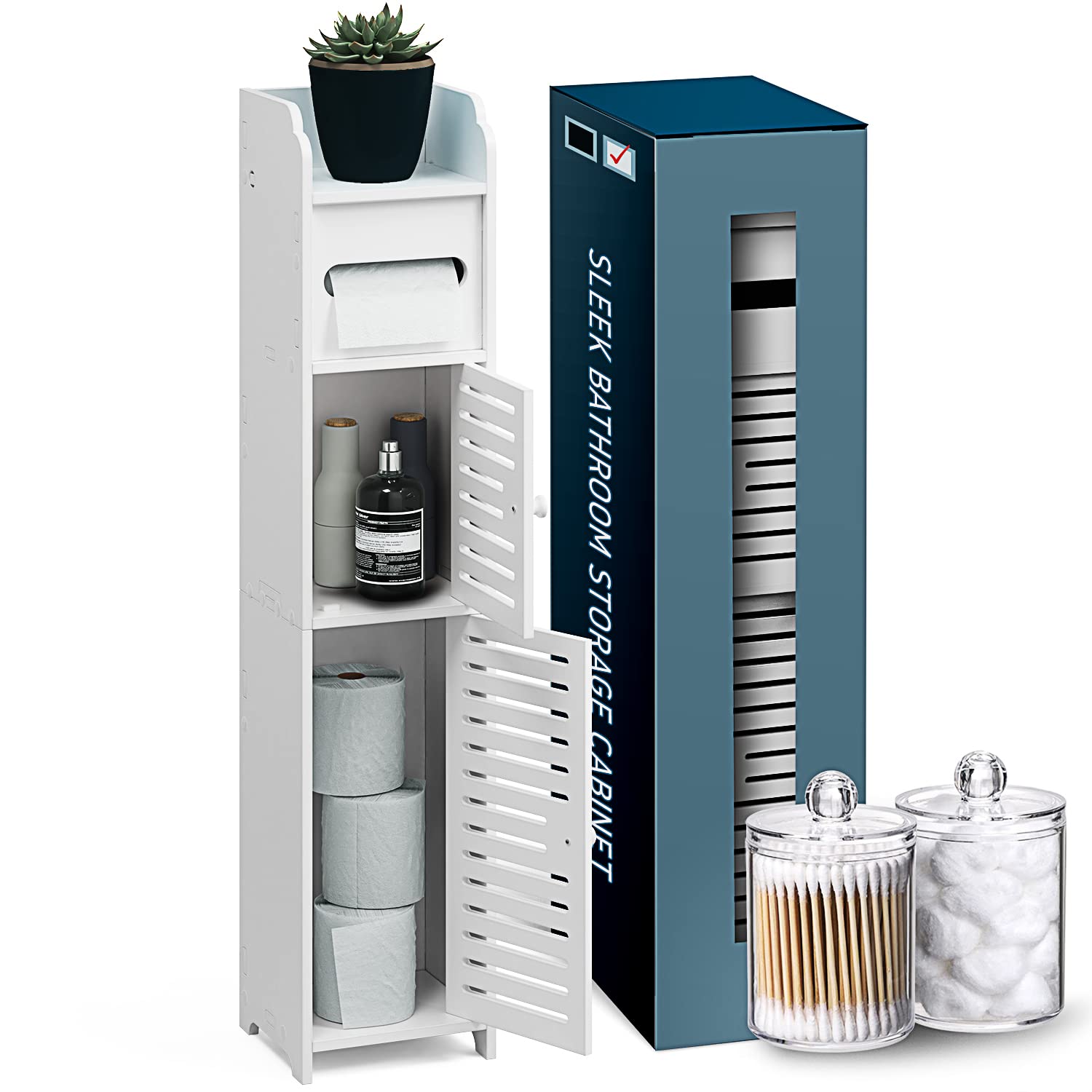 StorageBud Bathroom Storage Organizer - Floor Standing with Shelves - Includes 2 Apothecary Jars - Tall Bathroom Storage Cabinet for Toilet Paper, Towel & Other Bathroom Storage Accessories - White