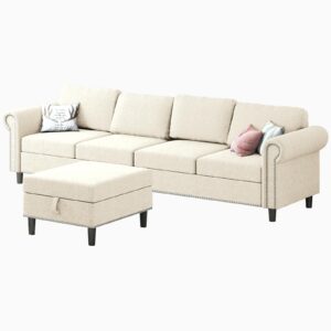 Mjkone L Shaped Sofa Couch, 4-Seat Oversized Sectional Sofa for Living Room, Convertible Modular Sofa with Storage Ottoman, Reversible Chaise with Footstool, Furniture Settee with Pouf - Beige