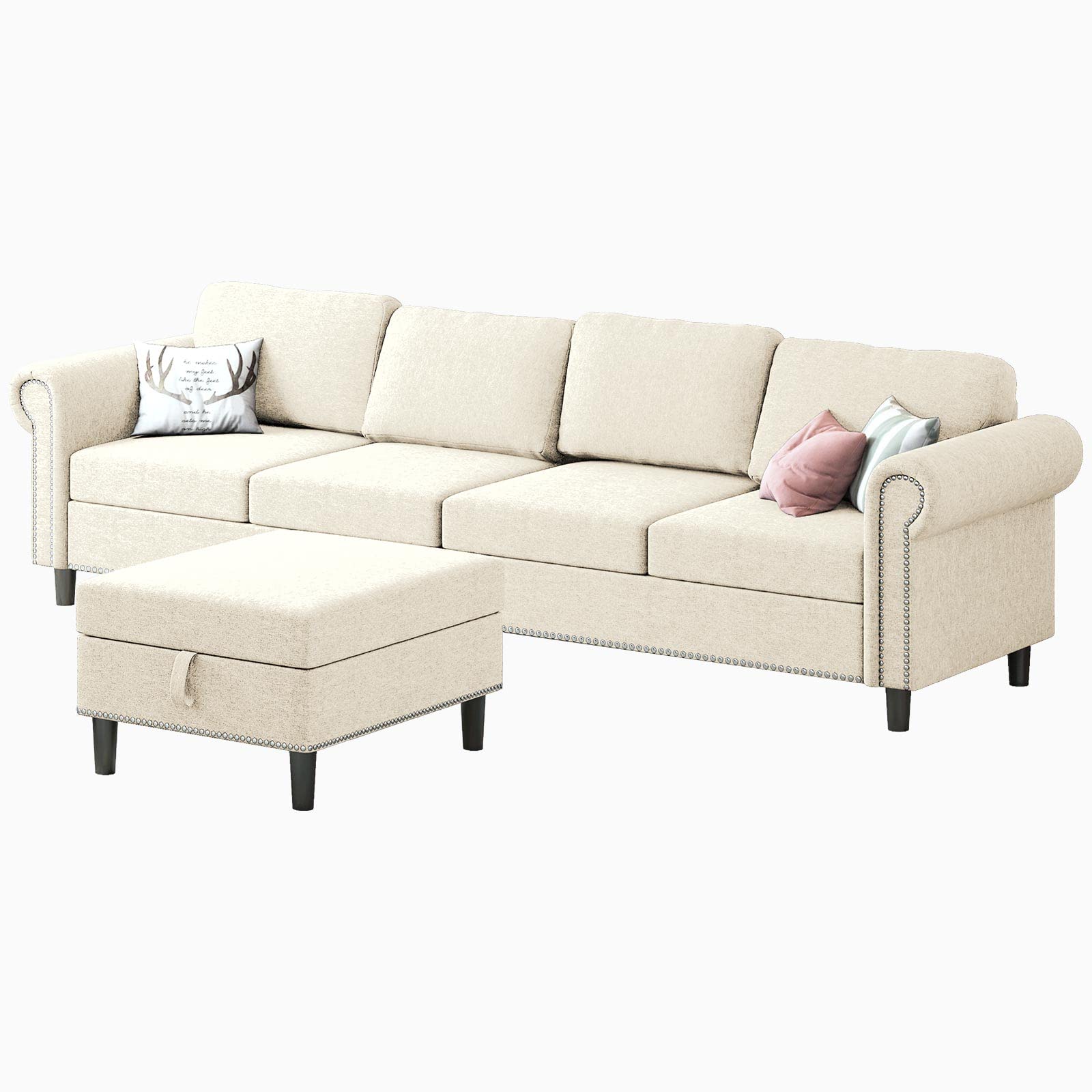 Mjkone L Shaped Sofa Couch, 4-Seat Oversized Sectional Sofa for Living Room, Convertible Modular Sofa with Storage Ottoman, Reversible Chaise with Footstool, Furniture Settee with Pouf - Beige