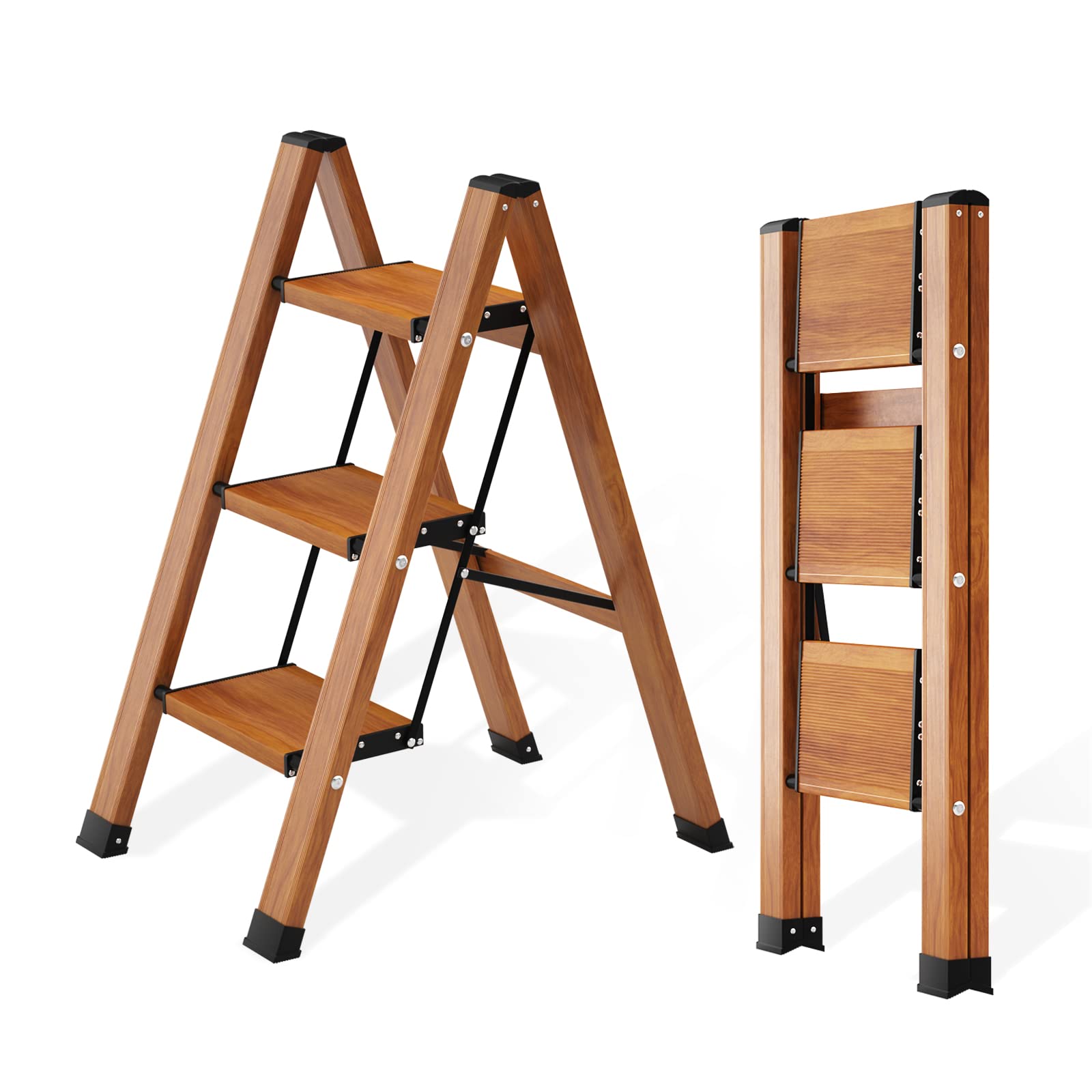 3 Step Ladder, Aluminum Lightweight Folding Step Stool Wide Anti-Slip Pedal, Multi-Functional Ladders with 330lbs Load Capacity for Household and Kitchen Space Saving,Woodgrain