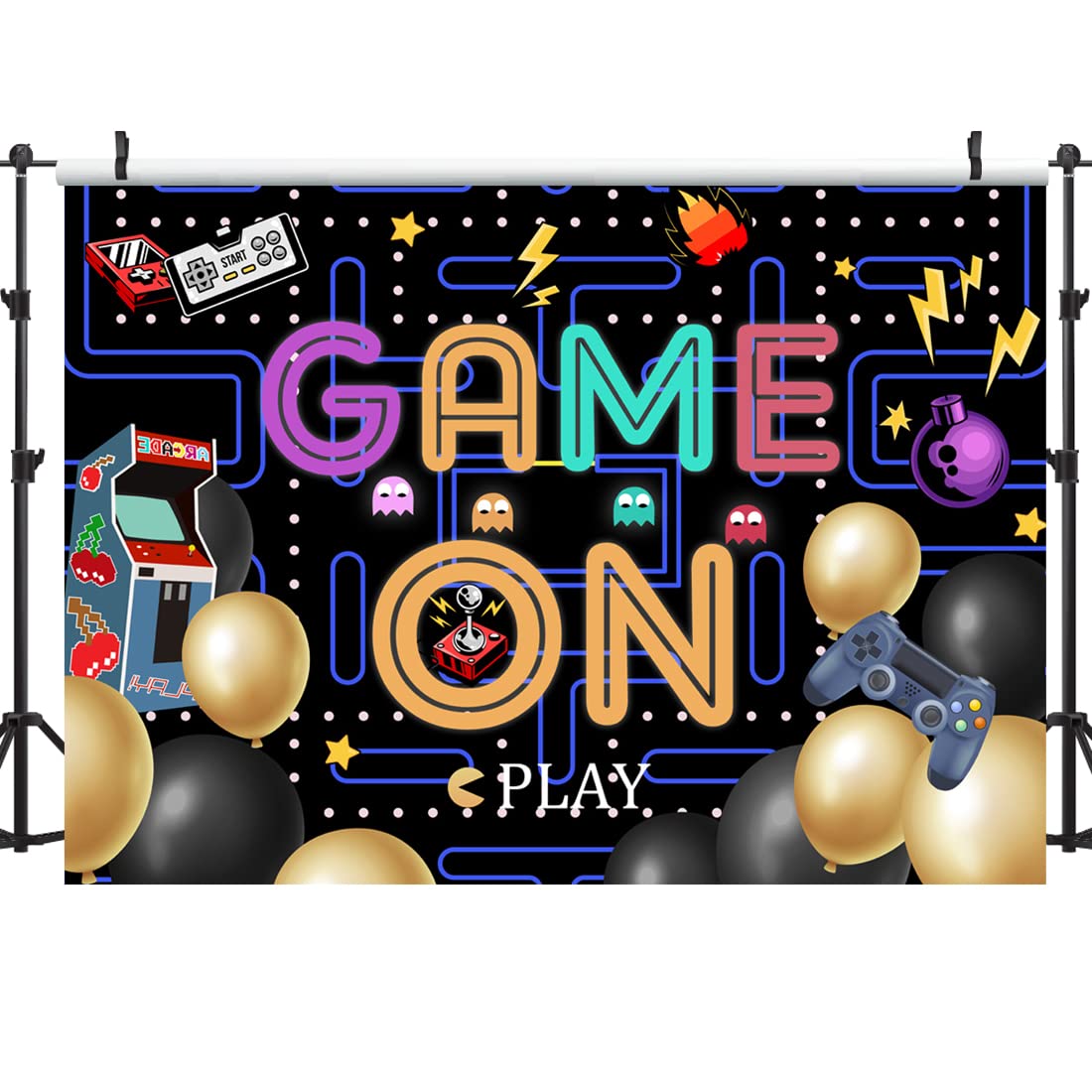 Lofaris Game On Backdrop Video Game Boys Birthday Photography Background Colorful Lights Party Supplies Kids Adults Gaming Party Decorations Baby Shower Cake Table Photo Booth 5x3ft