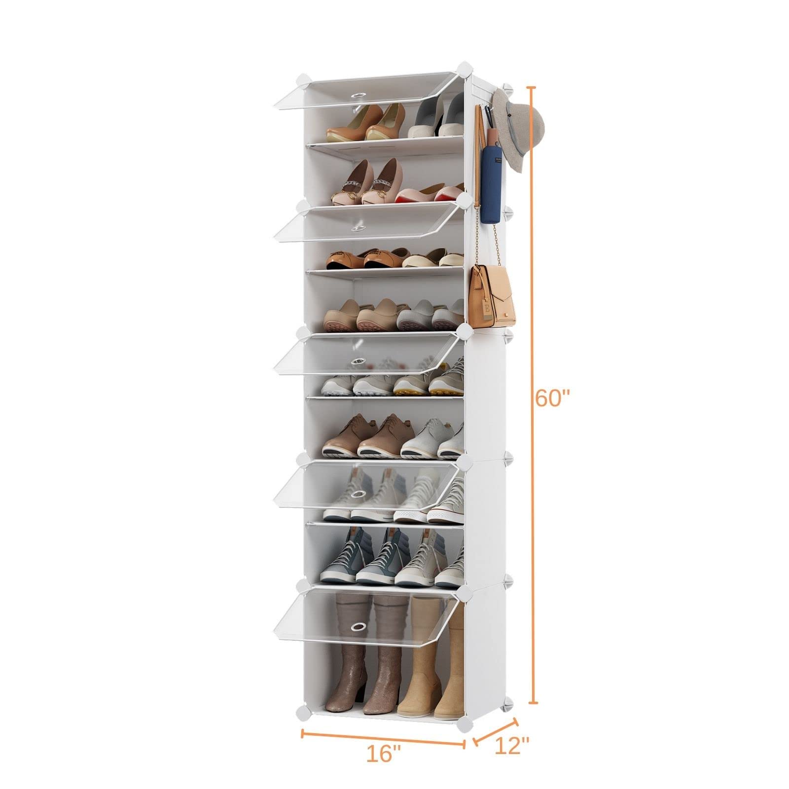 VIPZONE 10-Tier Narrow Shoe Rack,20 Pairs Tall Shoe Cabinet Storage,Vertical Shoe Organizer for Closet,Entryway,Hallway, Bedroom,Shoe Storage with Door,Plastic Shoe Shelves,White