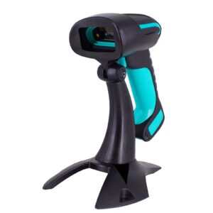 alacrity 2d 1d qr industrial barcode scanner with stand, bluetooth 2.4ghz wireless 2 in 1, shock dust proof, hands free barcode reader, blue