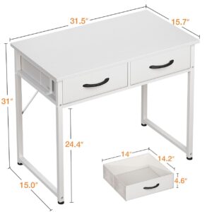 ODK Small Desk with Fabric Drawers- for Bedroom, White Vanity Desk with Storage, Home Office Computer Desk for Small Spaces, 32 Inch Modern Work Writing Study Table, White