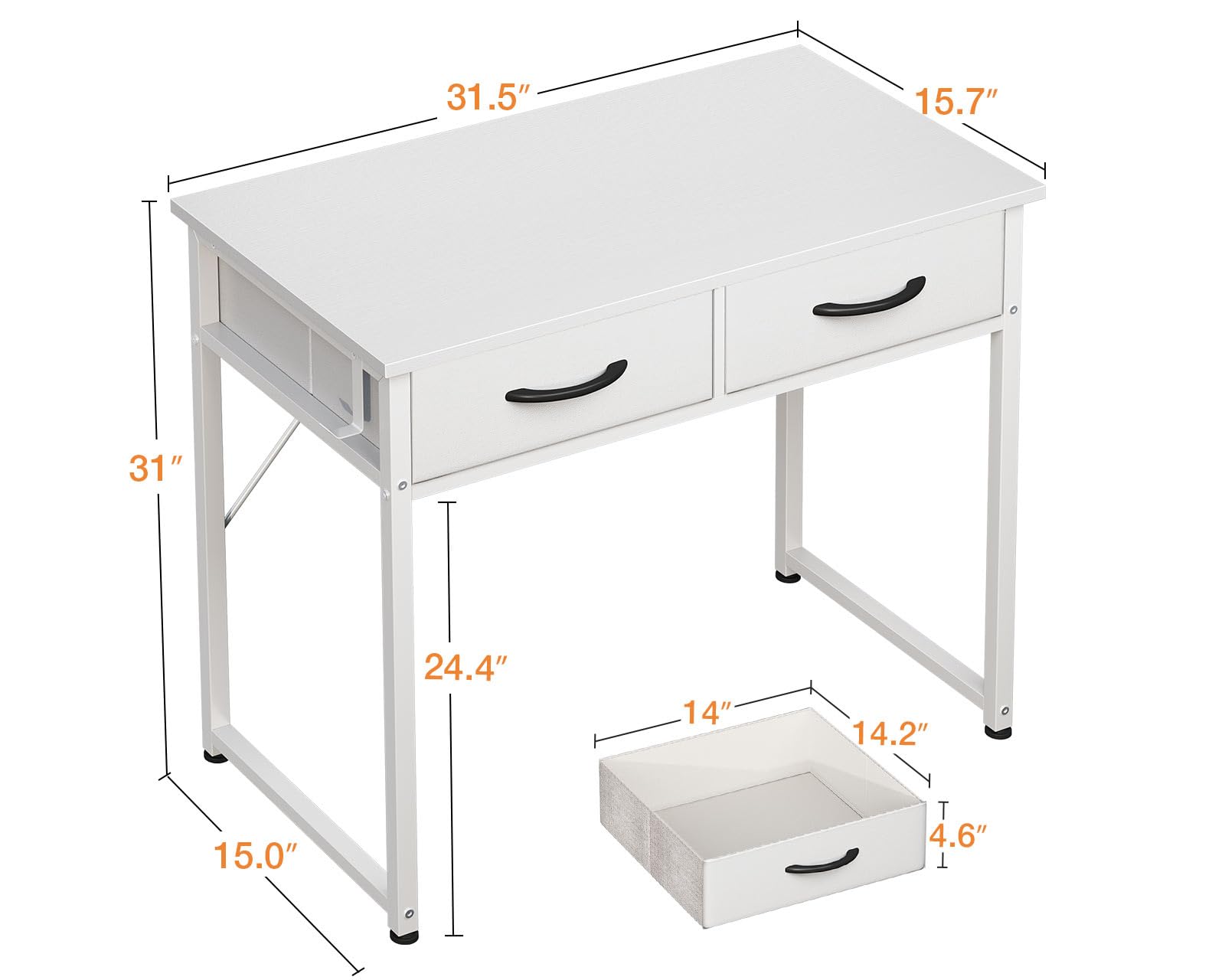 ODK Small Desk with Fabric Drawers- for Bedroom, White Vanity Desk with Storage, Home Office Computer Desk for Small Spaces, 32 Inch Modern Work Writing Study Table, White