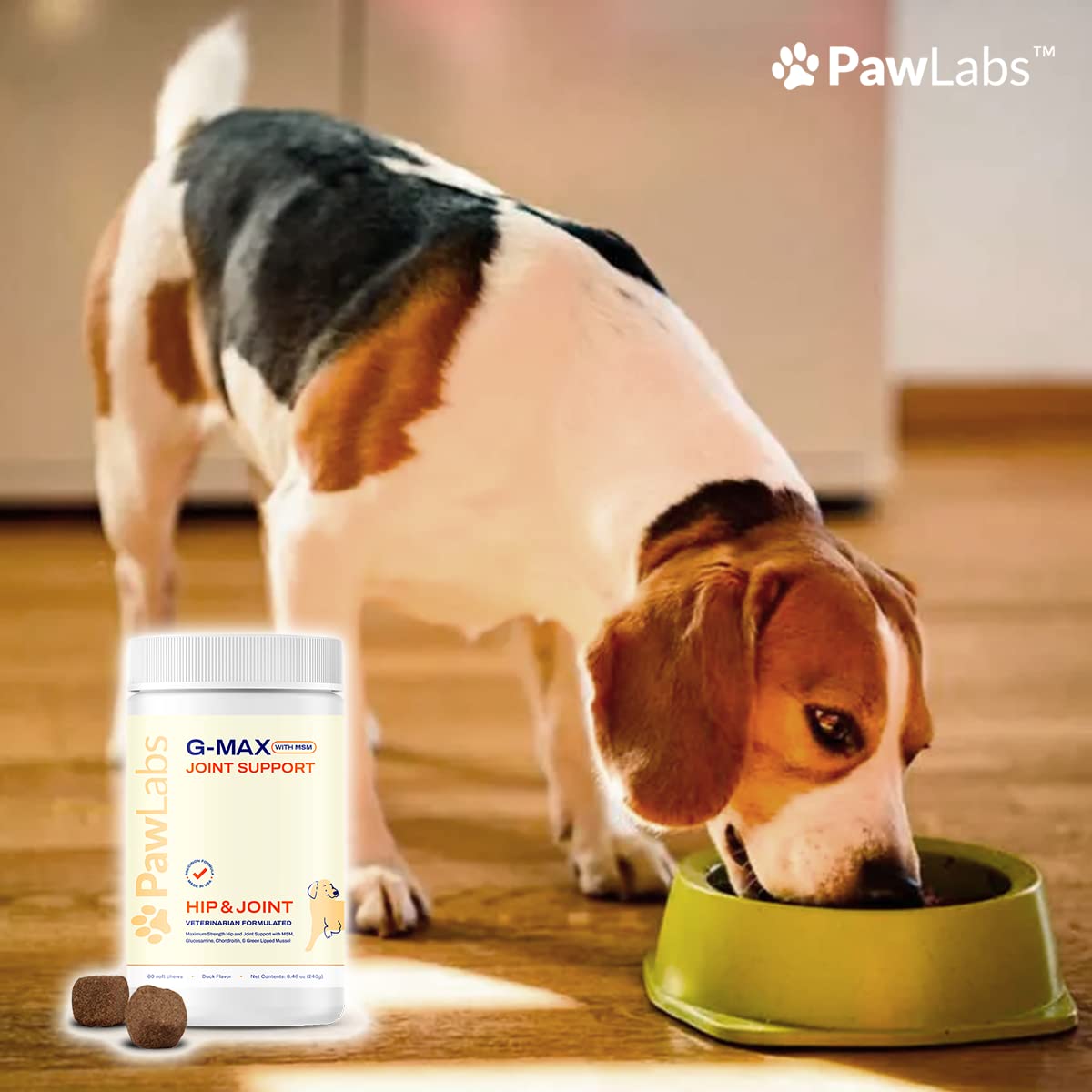 PAWLABS G-Max Joint Support for Dogs - Maximum Strength Hip & Joint Supplement with Glucosamine, Chondroitin, MSM, Green-Lipped Mussel - Relieves Arthritis Pain & Hip Dysplasia - Duck Flavor, 60 Chews