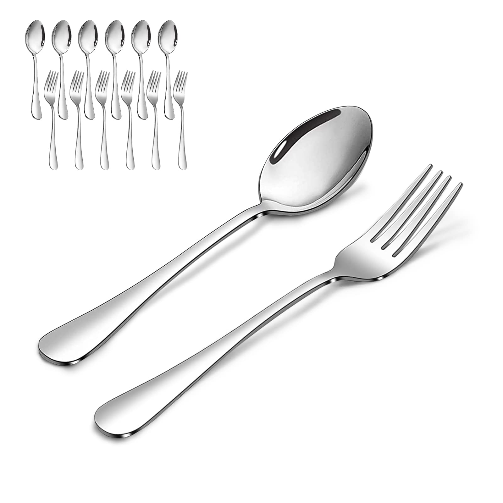 ANYLAT Spoon and Fork Set of 12, 6PCS Stainless Steel Dinner Forks and 6PCS Spoons Silverware Set, Dishwasher Safe (Silver 7.3 Inch)