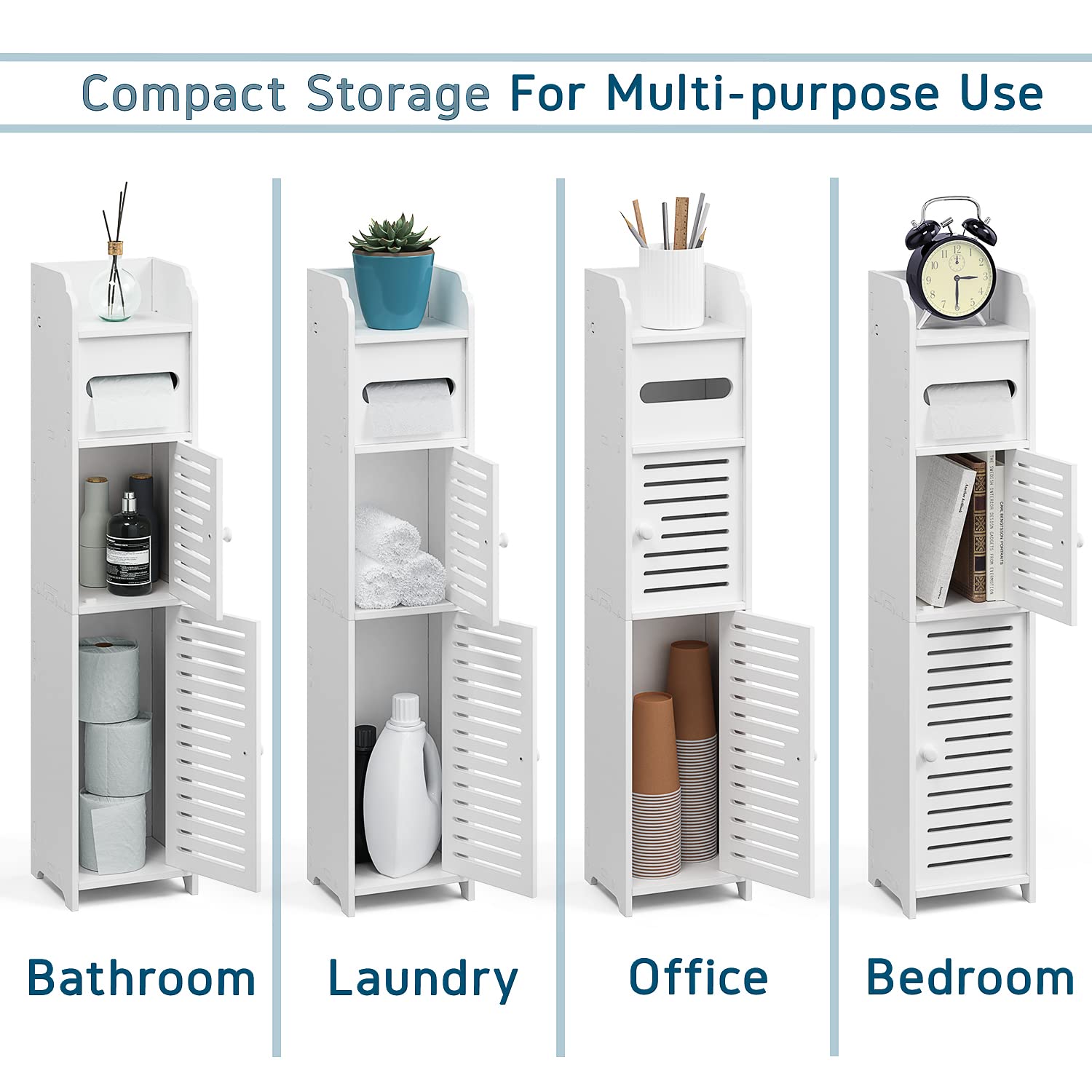 StorageBud Bathroom Storage Organizer - Floor Standing with Shelves - Includes 2 Apothecary Jars - Tall Bathroom Storage Cabinet for Toilet Paper, Towel & Other Bathroom Storage Accessories - White