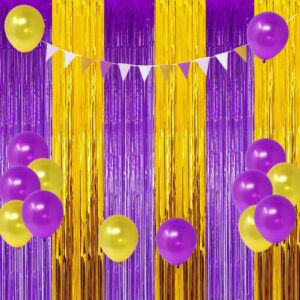 Purple and Gold Party Decoration, Purple Gold Graduation Backdrop 2025, Purple Gold Backdrop Foil Fringe Curtains Photo Streamers for Baby Shower Islamic Eid Mubarak Party Decor (3 Pack)