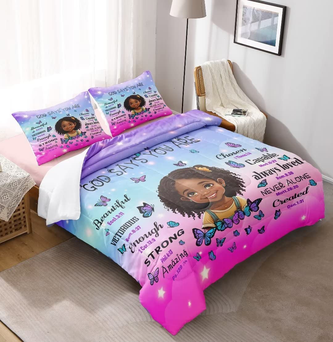 GRAT TIOC Black Girl Comforter Set Twin for Kids Teens,God Says You are Comforter Set for Black Women,Black Girl Magic Bedding Set,African American Girl Bed Bedroom Set