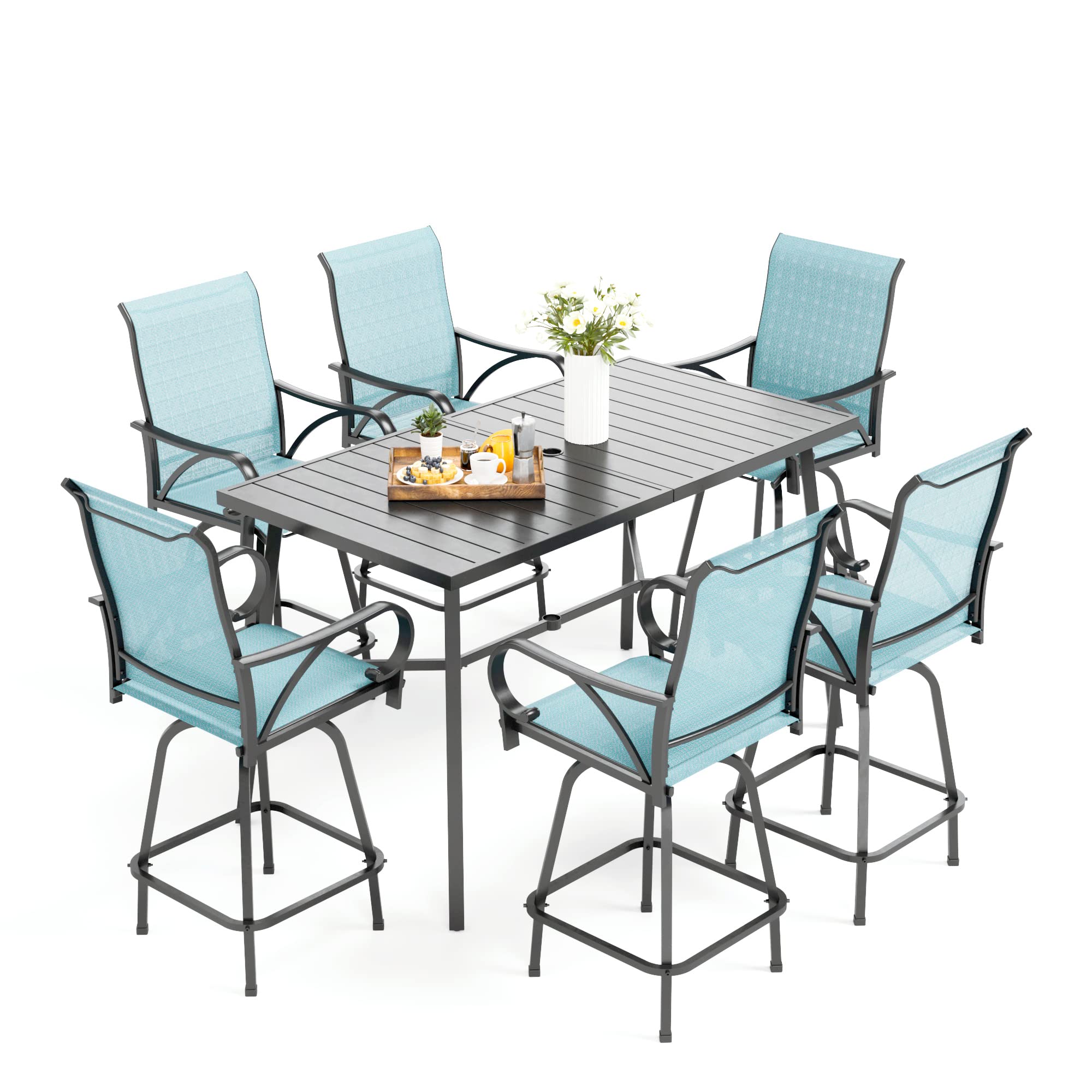 MFSTUDIO Patio Bar Set of 7 with 1 Heavy Duty Metal Slat Bar Table with 6 Pieces Sling Outdoor Bar Height Stool, Turquoise Blue