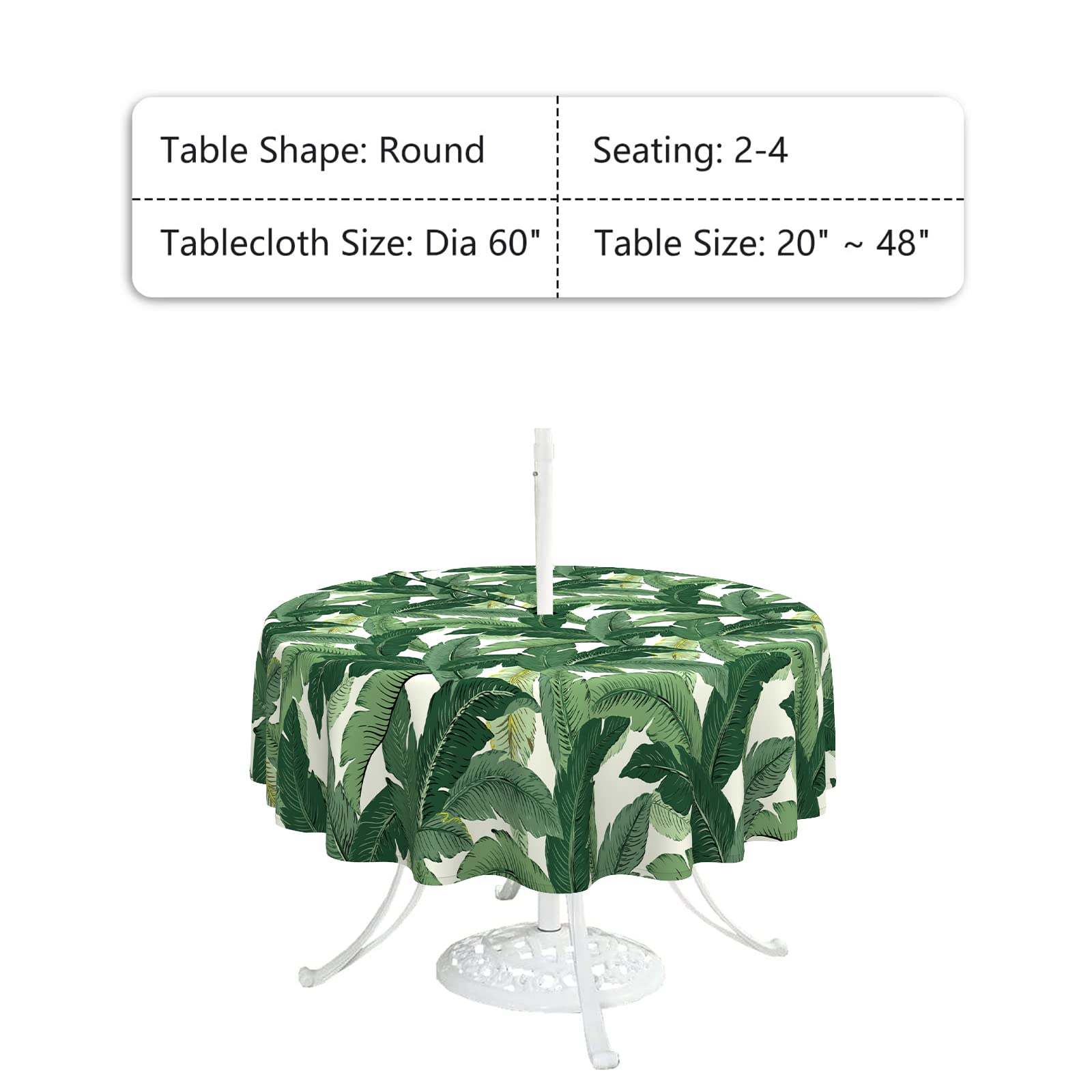 LVTXIII Outdoor Tablecloth with Umbrella Hole and Zipper, 60 Inch Water-Repellent Patio Table Cloth, Round Table Covers for Backyard Garden, Swaying Palms Green