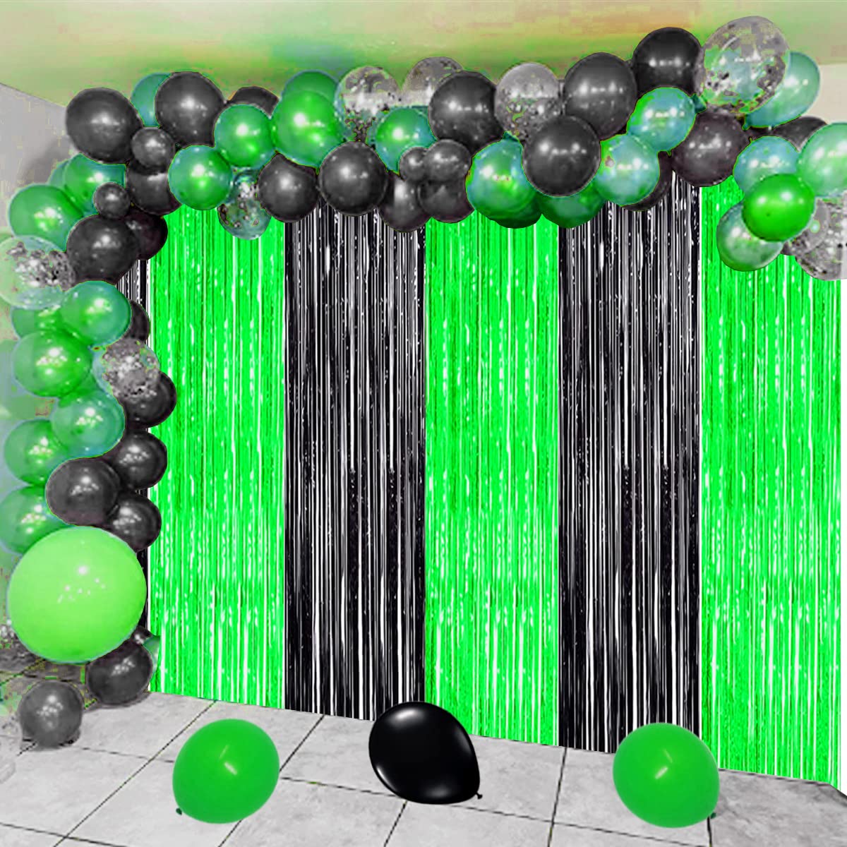 Green and Black Party Decorations, Birthday Decorations for Men Green Black Graduation Backdrop 2025 Black Green Backdrop Foil Fringe Curtains Halloween Party Photo Streamers (3 Pack)