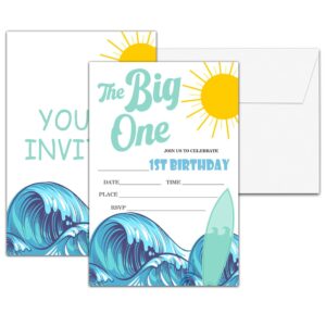 chuxvon 1st birthday party invitations, surf birthday invitations, double-sided retro surfboard themed fill in invites, beach birthday party supplies decorations, 20 cards with 20 envelopes(b03)