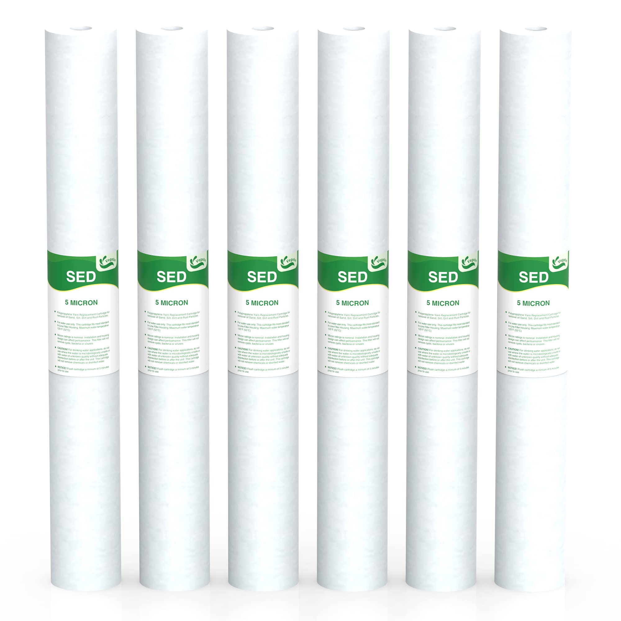 VEGEBE 5 Micron Water Filter 20" x 2.5" Replacement Cartridge, 20-inch Sediment Pre-Filters for Whole House Water Filtration/Water Softener Systems, 6-Pack