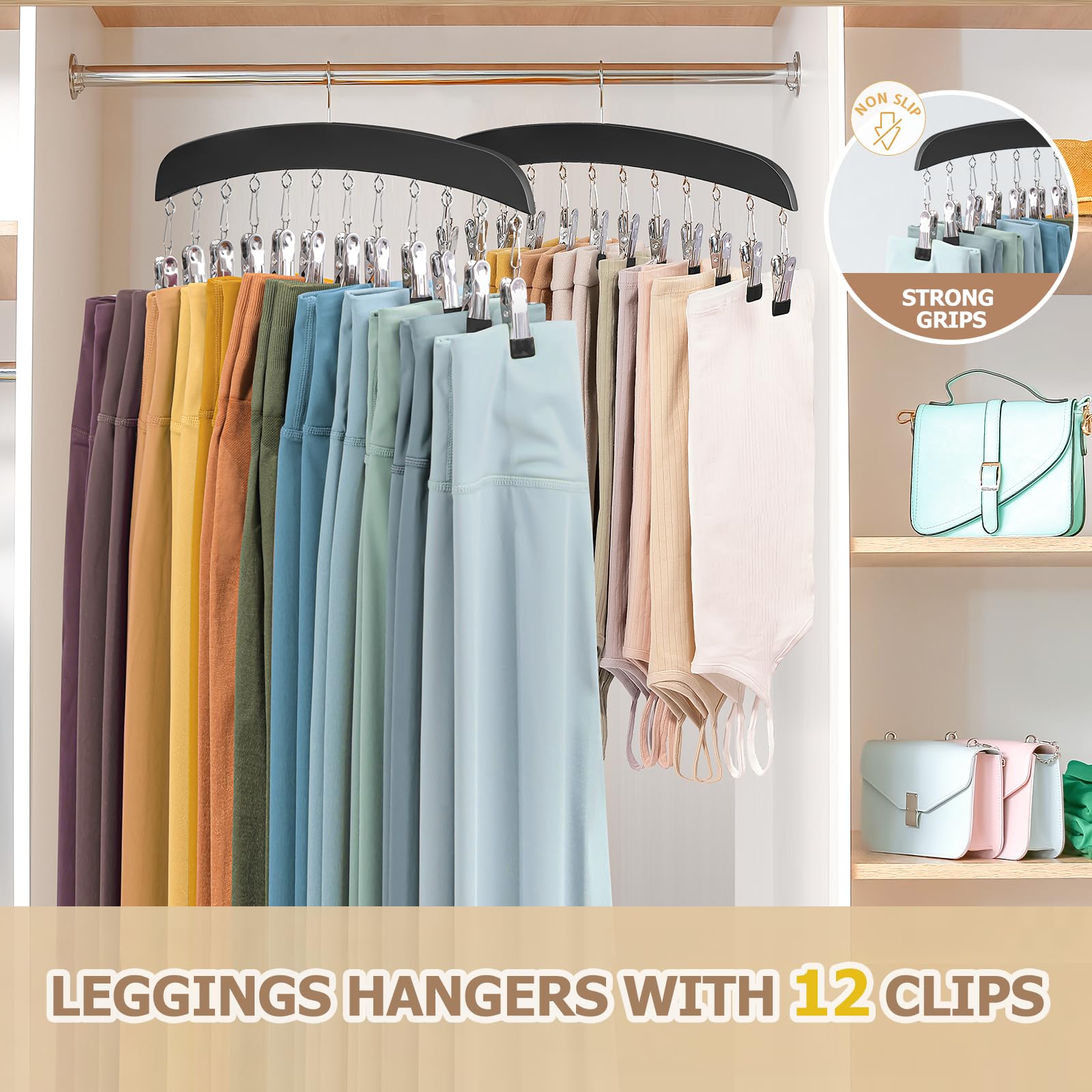 HOMEBROS Legging Organizer for Closet, HOMEBROS 2 Packs Wooden Closet Leggings Hanger Organizer with 24 Clips Space Saving Multi Clip Hanger with 360° Swivel Hook for Pants Scarfs Hats - Black