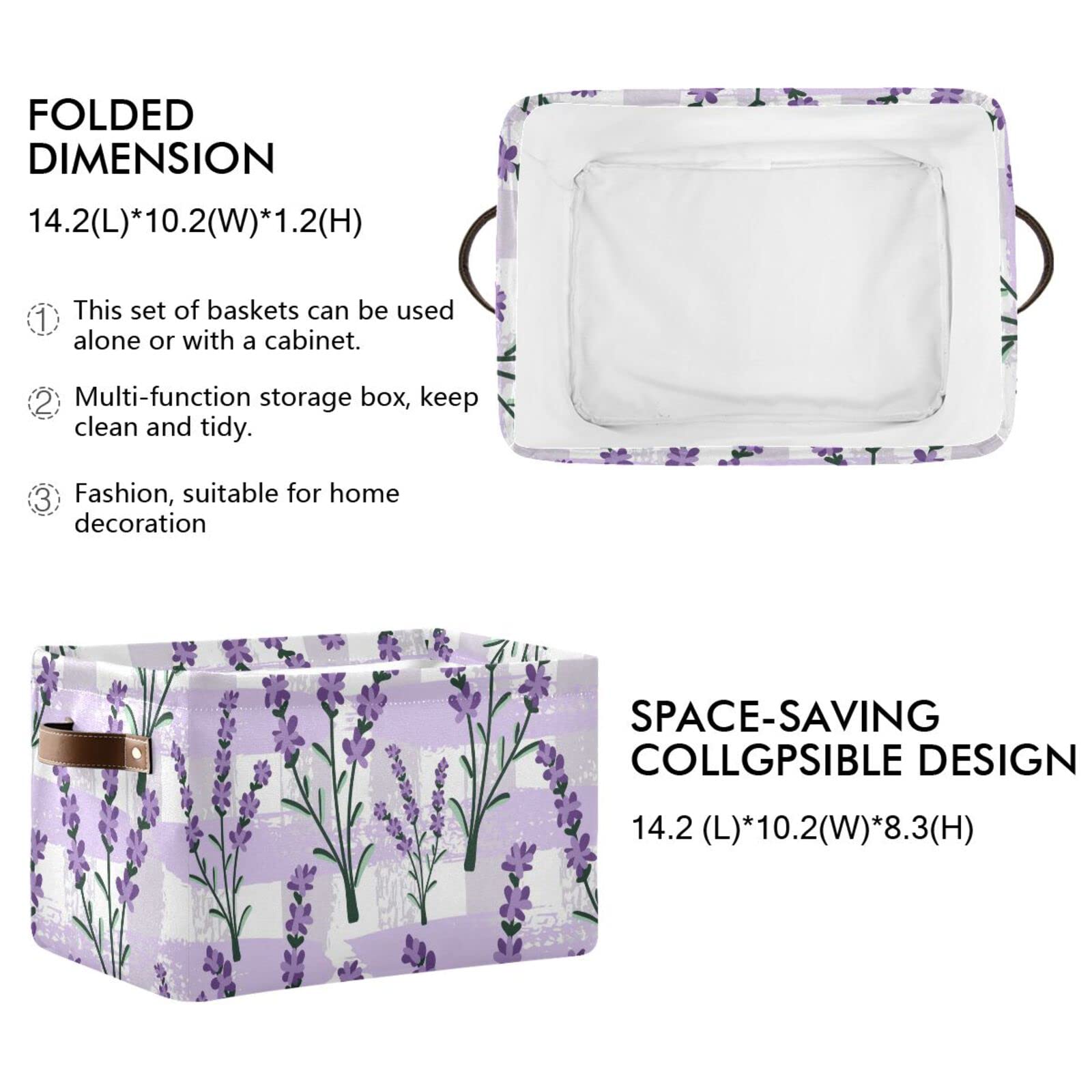 Purple Lavender Stripes Storage Baskets Large Foldable Storage Bin Canvas Toys Box Fabric Decorative Collapsible Organizer Bag with Handles 2 Pcs