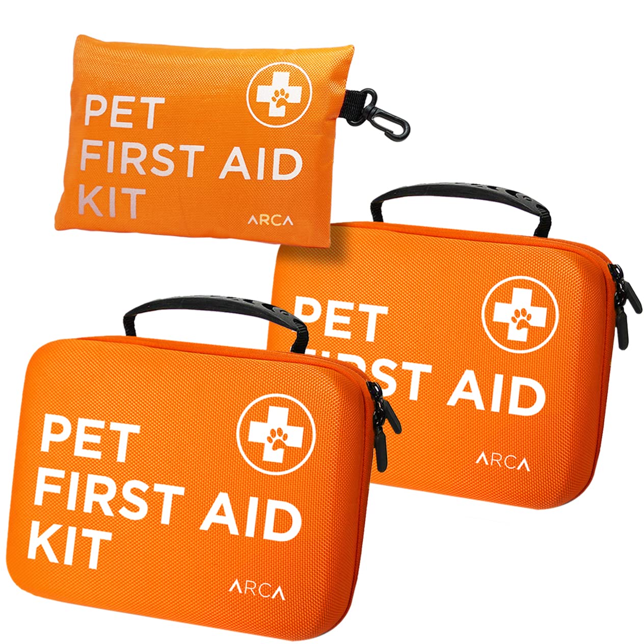 ARCA PET First Aid Kit 3 Piece Set - Each for Home, Car & Travel. Dog First Aid Kit with Thermometer, Tick Remover Kit & Many More