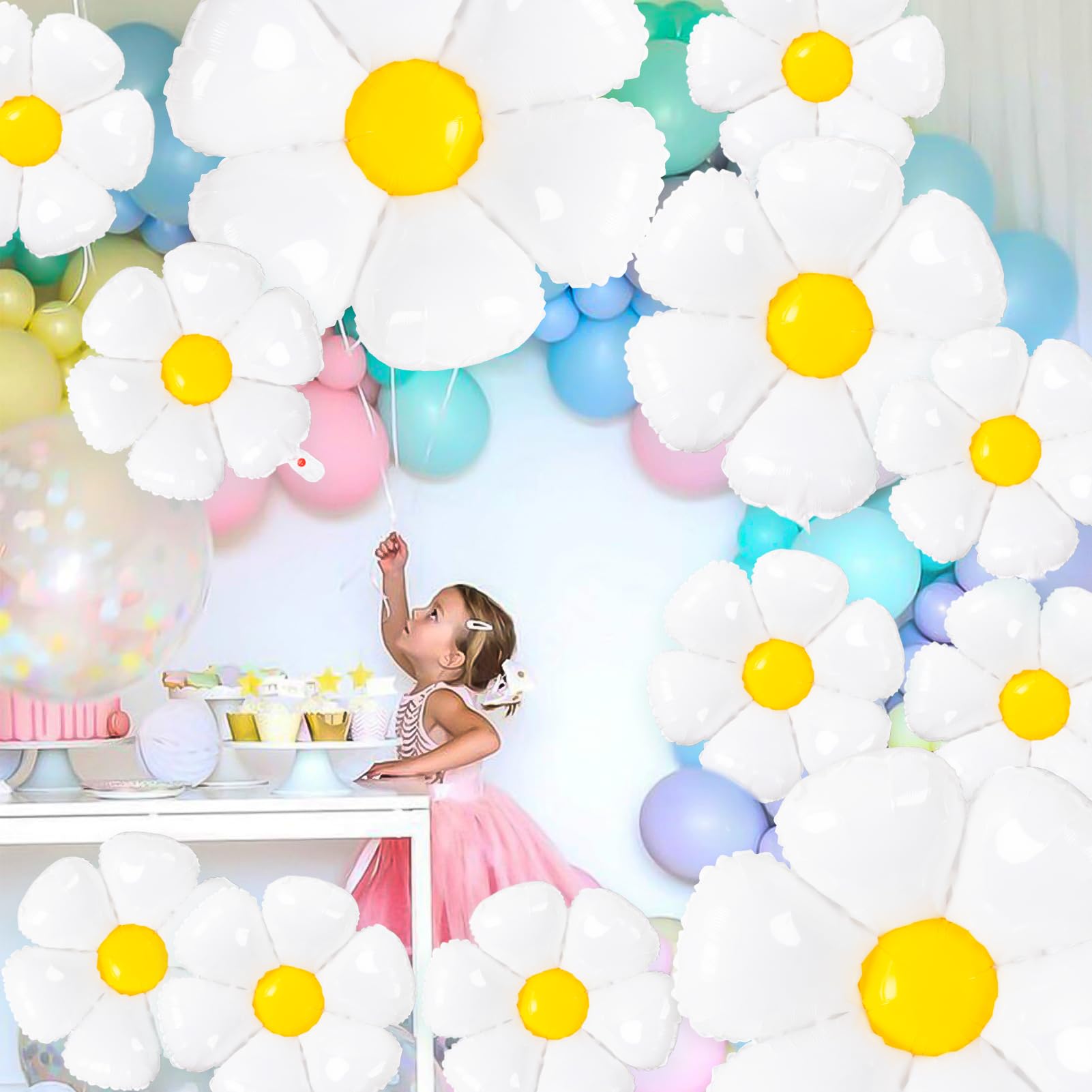 Daisy Balloons- 14Pcs Daisy Flower Foil Balloons for One or Two Groovy Party Decorations Girls Daisy Themed Birthday Party Baby Shower Wedding Daisy Balloons Decorations White