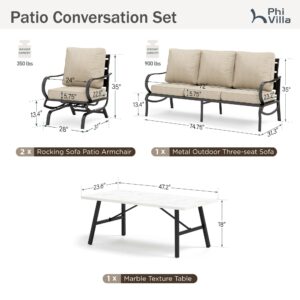 PHI VILLA 4 Pcs Patio Furniture Set with 1 x 3 Seater Padded Deep Seating Bench, 2 Cushioned C-Base Sofa Chairs and 1 Metal Coffee Table, Outdoor Deluxe Conversation Set with 5 Seat for Outside