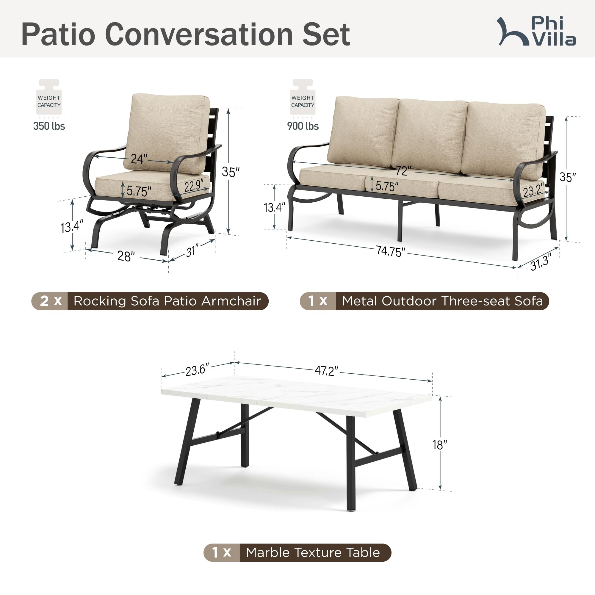 PHI VILLA 4 Pcs Patio Furniture Set with 1 x 3 Seater Padded Deep Seating Bench, 2 Cushioned C-Base Sofa Chairs and 1 Metal Coffee Table, Outdoor Deluxe Conversation Set with 5 Seat for Outside