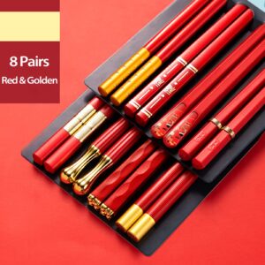 5 Pairs Chopsticks Reusable Fiberglass Dishwasher Safe, 9.57 inch/24.3cm Matte Non-Slip Family/ Hotel/ Restaurant Japanese Chinese Chop Sticks, Christmas & New Year Gift, Red&Gold