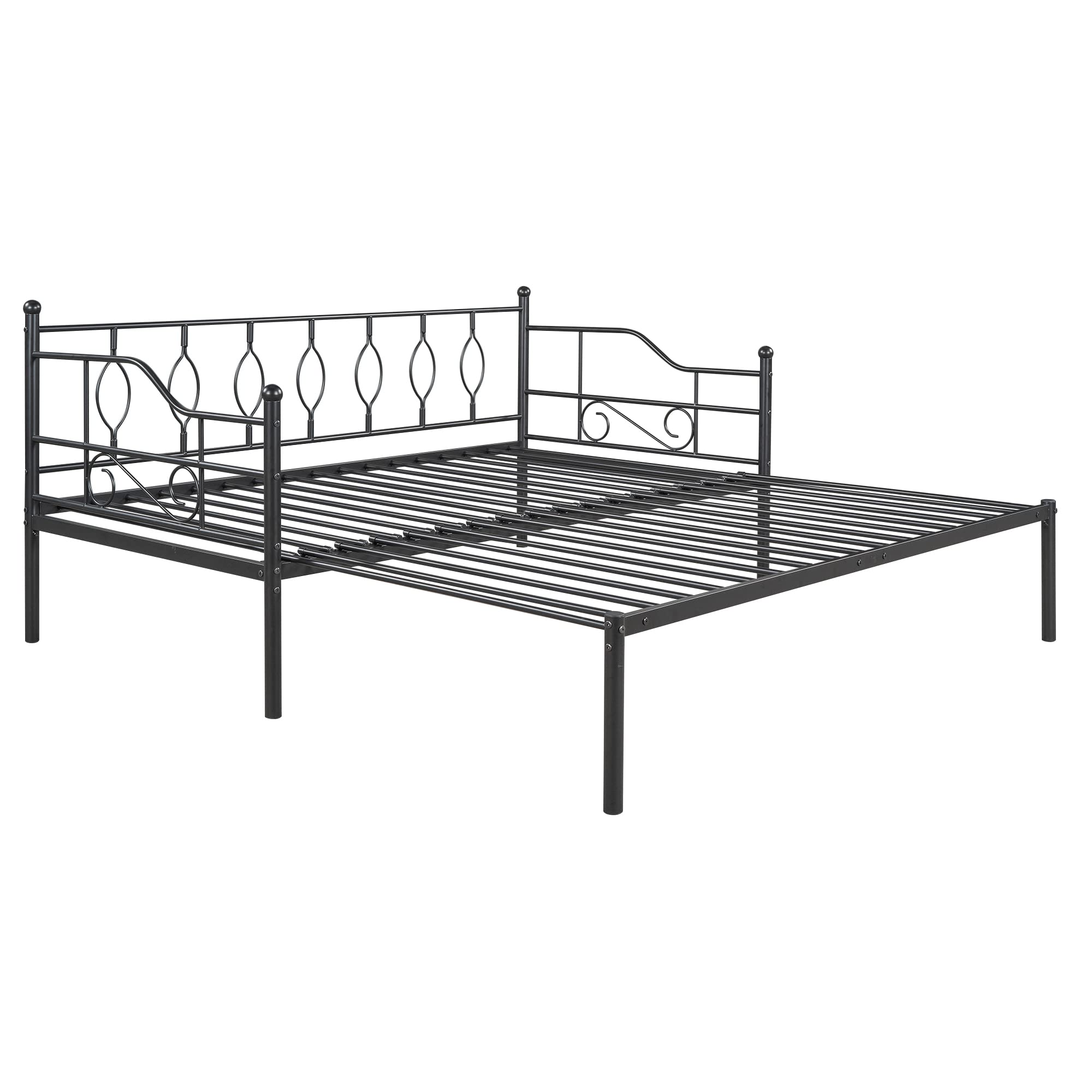 SOFTSEA Twin Size Daybed with Pop Up Trundle, Metal Daybed with Twin Size Trundle for Adults and Guests, Extendable Daybed Twin to King Size, Heavy Duty Slat Support, No Box Spring Needed (Black)