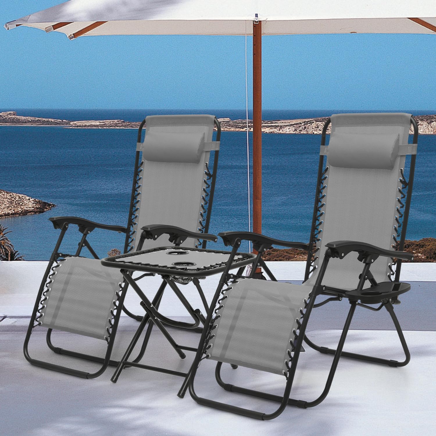 MoNiBloom Indoor/Outdoor Zero Gravity Chairs 3-Piece, Adjustable Folding Reclining Chairs with Folding Table, Pillow and Tray, Pool Patio Lawn Beach Vacation Lounger, 330lbs Capacity, Grey