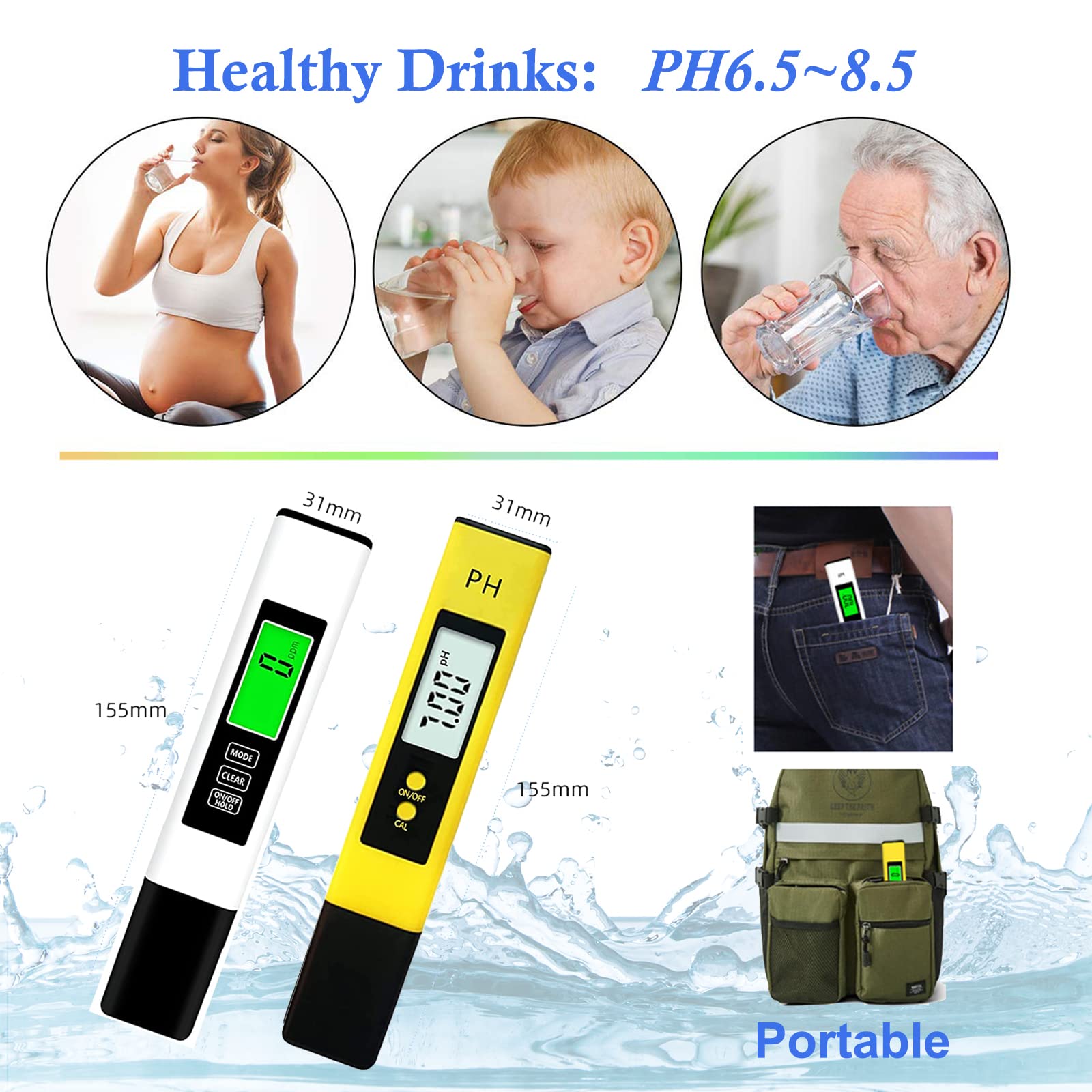 【2024 New】Justmetr PH Meter, TDS Meter Combo, Digital Water Testing Kits, 0.05 High Accuracy pH Tester and ± 2% Accuracy 3-in-1 TDS/EC/Temp Tester Pen for Drinking Water, Hydroponics, Pools, Aquarium