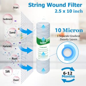 VEGEBE 10 Micron String Wound Whole House Water Filter 10" x 2.5", 10-inch Universal Sediment Pre-Filters for Well Water, Replacement Cartridge for FXWSC, CW-F, CW-MF, 1SS, W5W, AO-WH-PRE-R2, 6-Pack