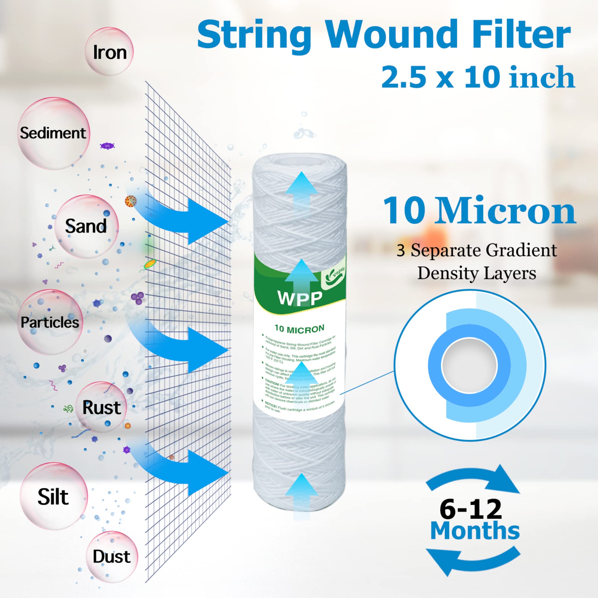 VEGEBE 10 Micron String Wound Whole House Water Filter 10" x 2.5", 10-inch Universal Sediment Pre-Filters for Well Water, Replacement Cartridge for FXWSC, CW-F, CW-MF, 1SS, W5W, AO-WH-PRE-R2, 6-Pack