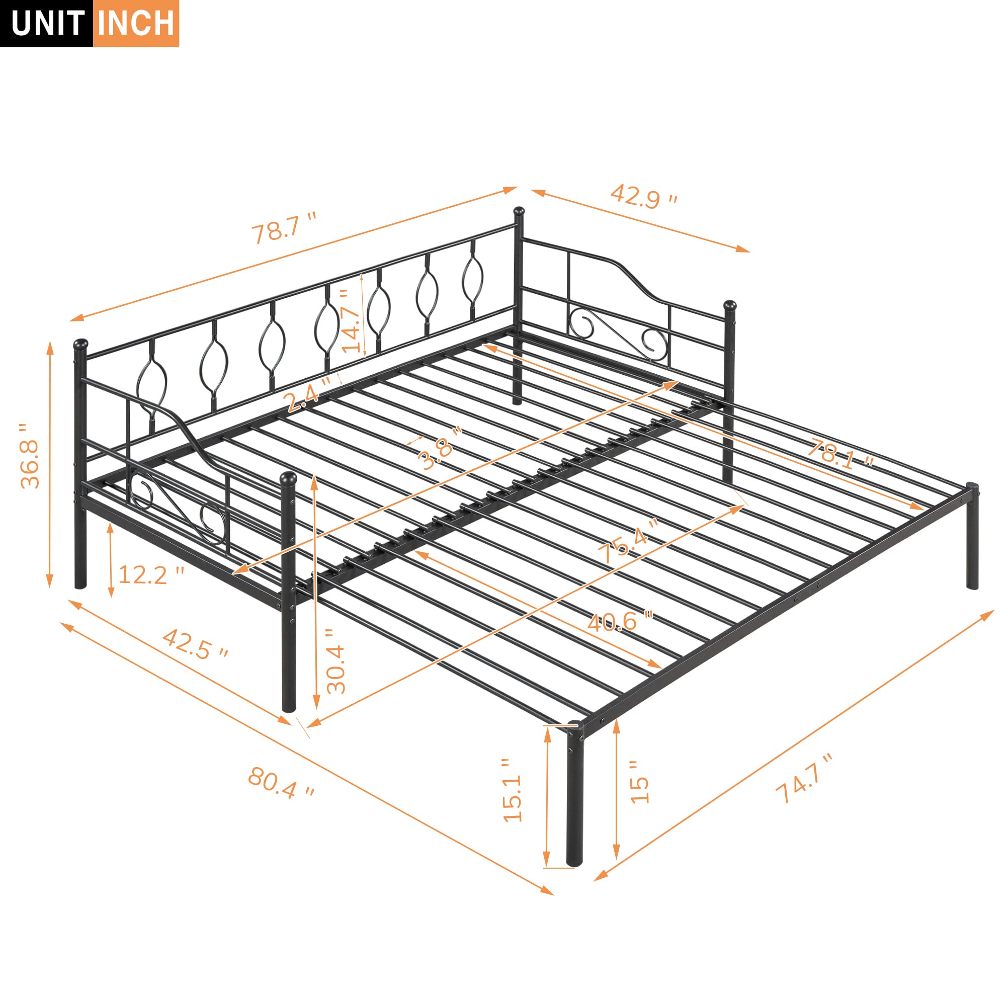 SOFTSEA Twin Size Daybed with Pop Up Trundle, Metal Daybed with Twin Size Trundle for Adults and Guests, Extendable Daybed Twin to King Size, Heavy Duty Slat Support, No Box Spring Needed (Black)