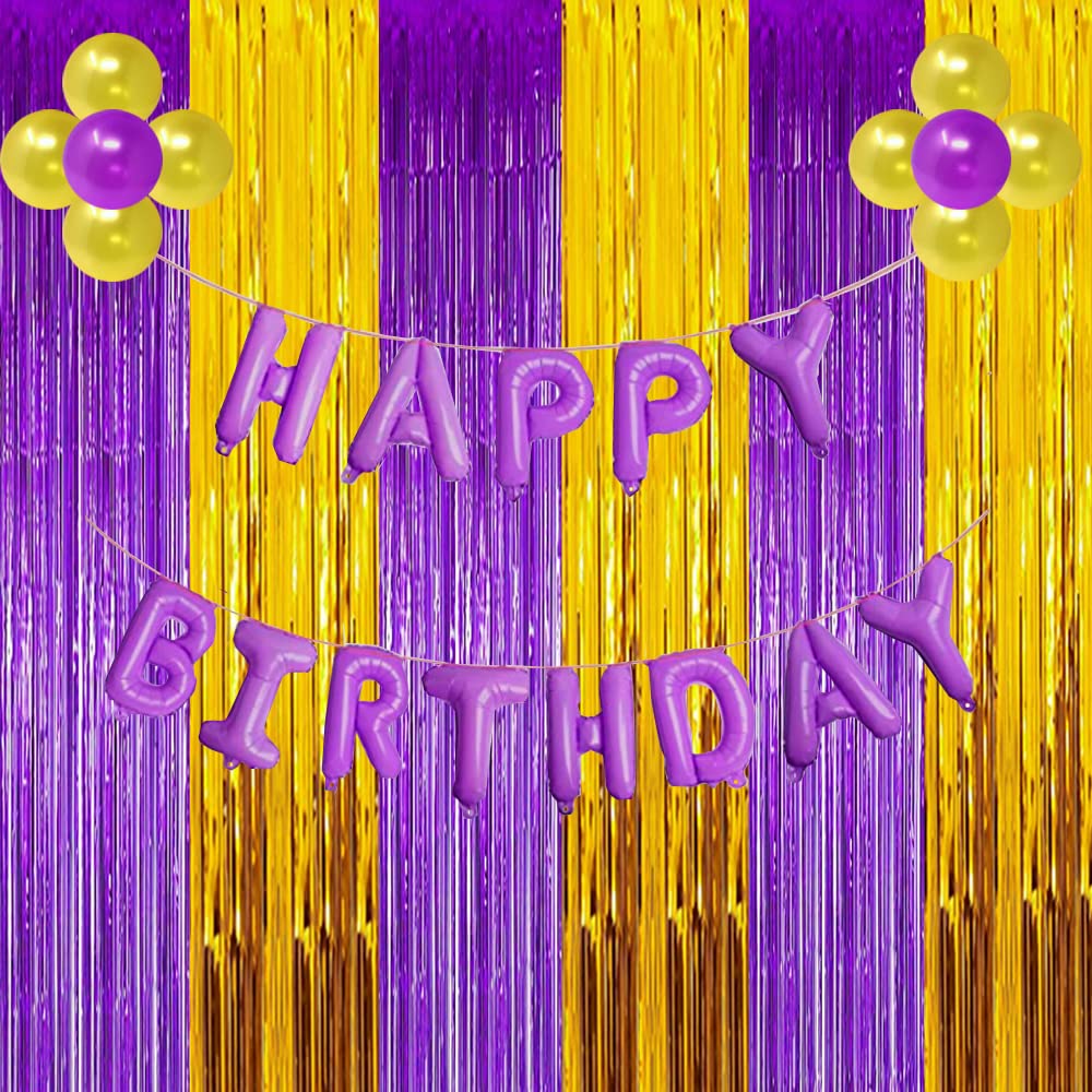 Purple and Gold Party Decoration, Purple Gold Graduation Backdrop 2025, Purple Gold Backdrop Foil Fringe Curtains Photo Streamers for Baby Shower Islamic Eid Mubarak Party Decor (3 Pack)