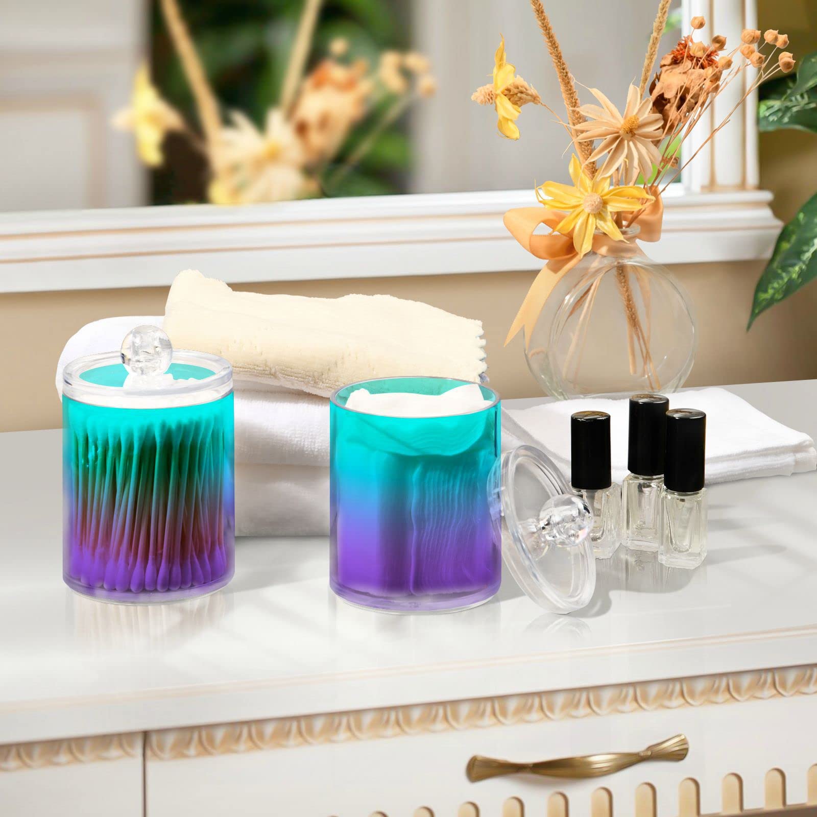 Bright Turquoise Purple Qtip Dispenser Apothecary Jars Bathroom Qtip Holder Storage Canister Plastic Jar 10 Oz for Cotton Ball Swab Round Pads Floss 4pcs