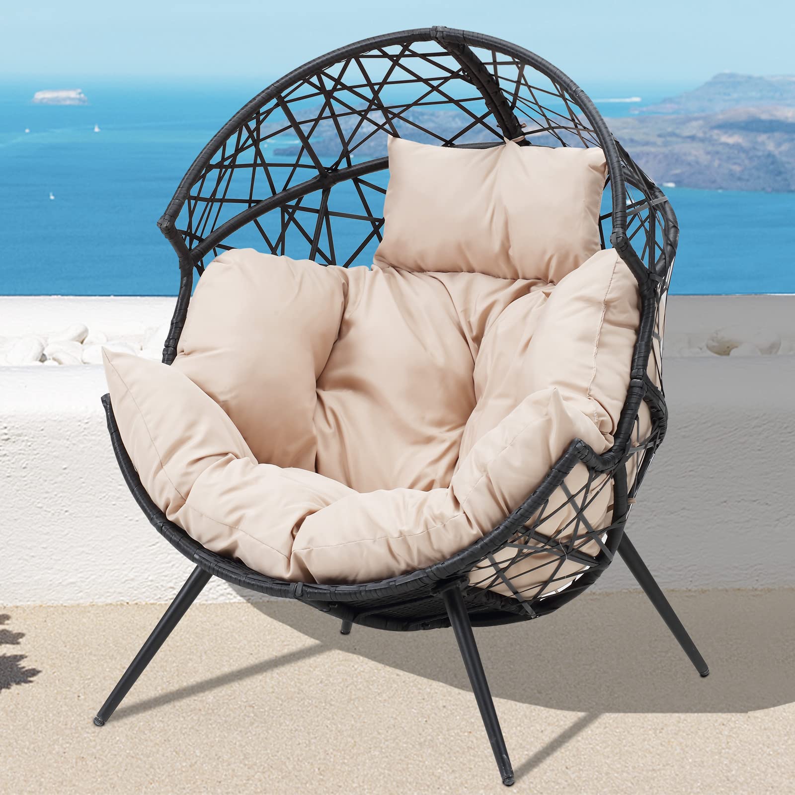 GOOGIC Patio Wicker Egg Chair,Outdoor Egg Chair with Cushion,Oversized Indoor Outdoor Egg Basket Lounge Chair for Patio, Backyard,Living Room,Garden,Steel Frame - Beige