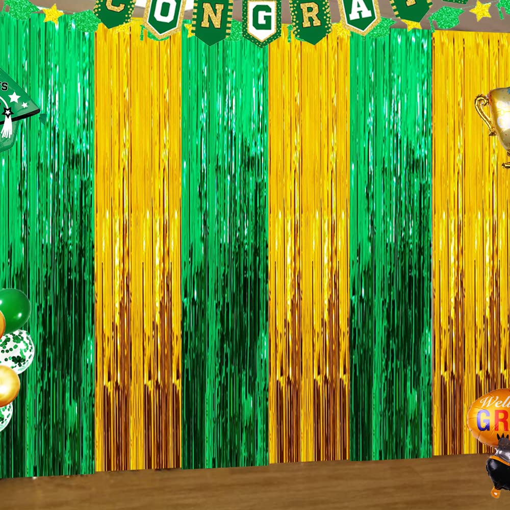 2025 Graduation Green Gold Party Decoration Foil Fringe Curtains, Green Gold Photo Booth Prop Streamer Backdrop for St. Patrick's Day Birthday Beach Party Decoration (3 Pack)