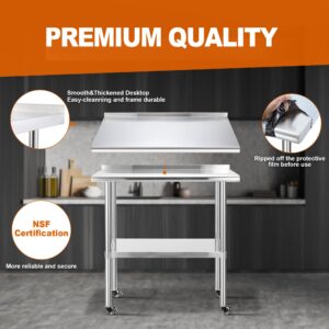 Sapodilla NSF Stainless Steel Worktables with Wheels, 36×24 Inches Commercial Heavy Duty Tables with Backplash and Adjustable Undershelf for Kitchen, Restaurant, Hotel and Garage