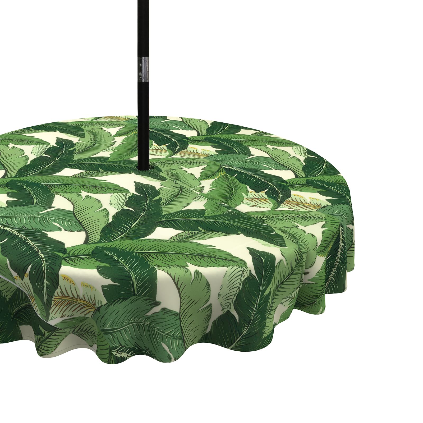 LVTXIII Outdoor Tablecloth with Umbrella Hole and Zipper, 60 Inch Water-Repellent Patio Table Cloth, Round Table Covers for Backyard Garden, Swaying Palms Green