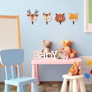 4 Pcs Kids Wall Hooks Wooden Safari Animal Coat Hooks Decorative African Jungle Animal Theme Decorations for Kids Room Nursery Bedroom