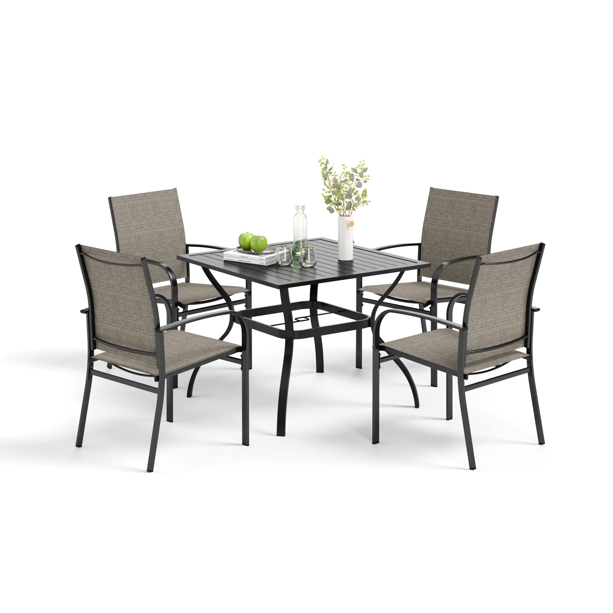 MIXPATIO Patio Table and Chairs Set for 4, 5-Piece Outdoor Dining Set with Brown Textilene Chairs and 37" Square Metal Umbrella Table for Deck Backyard Lawn