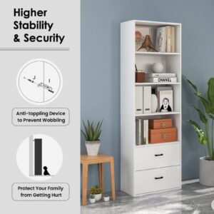 Tangkula 4 Shelf Bookcase with 2 Drawers, 74 Inch 4 Tiers Tall Open Bookshelf with 2 Slide-Out Drawers, Anti-toppling Device, Freestanding Wood Storage Shelf for Home Office (White, 74" H)