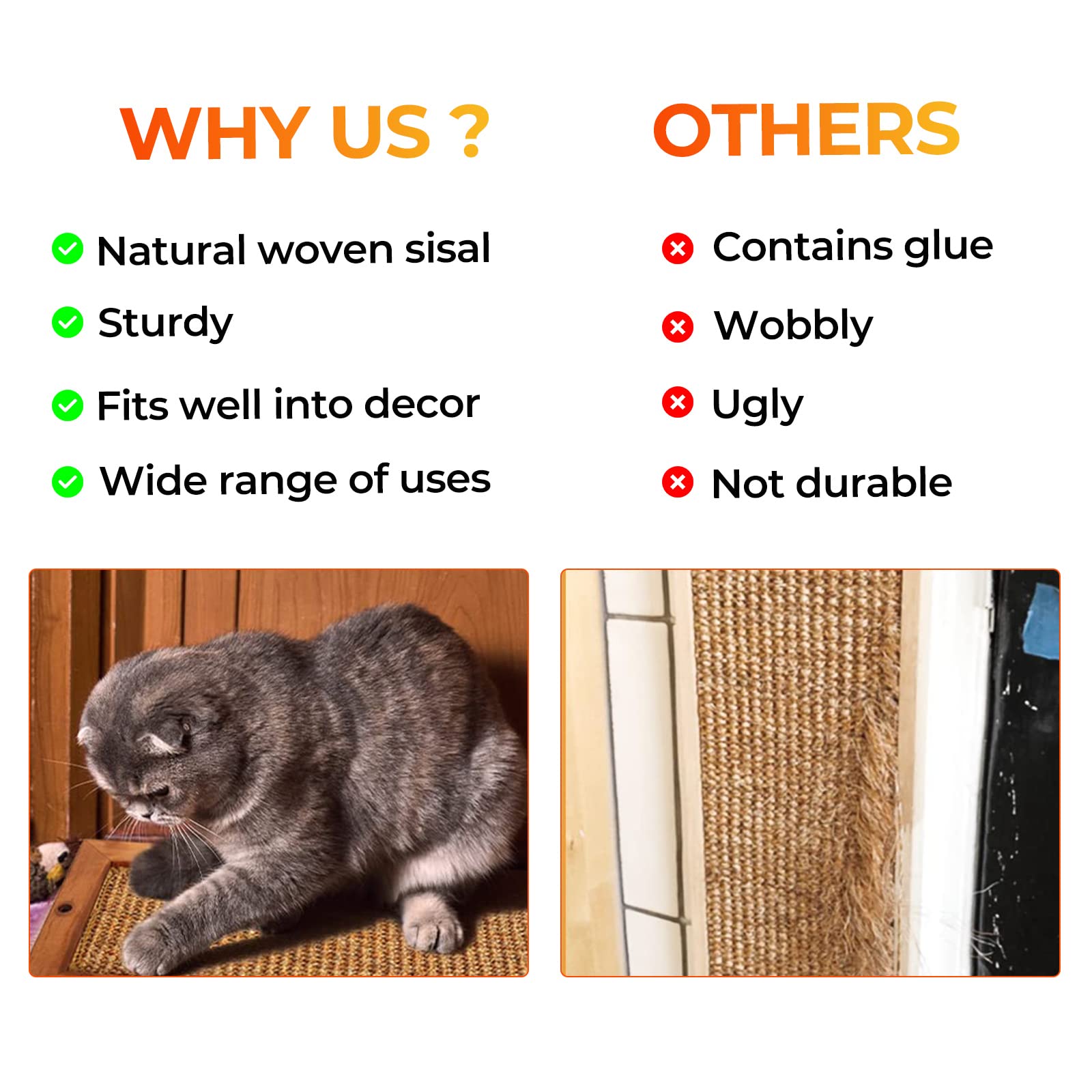 2PCS Cat Scratching Post - BXL, Natural Wooden Sisal Cat Wall Scratcher, Floor or Wall Mounted Vertical Cat Scratch Pad for Indoor Cats Adults or Kittens, Cat Wall Furniture Protector