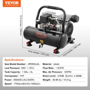 VEVOR 4.8 Gallon Air Compressor, 1.2HP 2.2 CFM@90PSI Oil Free Air Compressor Tank & Max. 116PSI Pressure, 70 dB Ultra Quiet Compressor for Auto Repair, Tire Inflation, Spray Painting, Woodwork Nailing