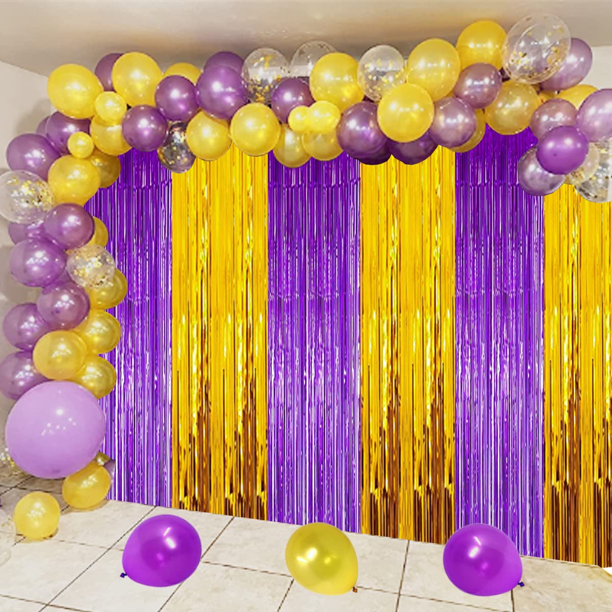 Purple and Gold Party Decoration, Purple Gold Graduation Backdrop 2025, Purple Gold Backdrop Foil Fringe Curtains Photo Streamers for Baby Shower Islamic Eid Mubarak Party Decor (3 Pack)