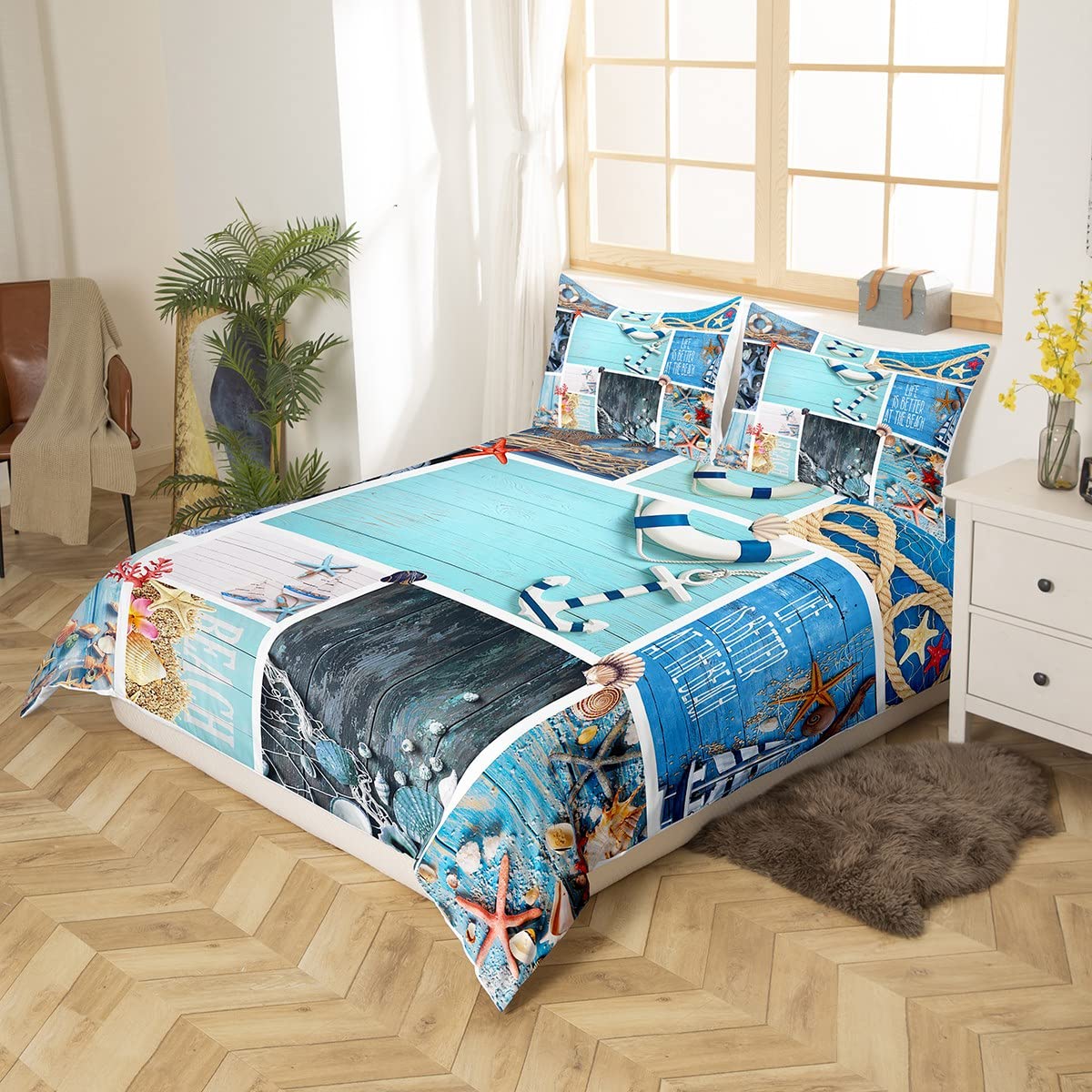 Erosebridal Nautical Theme Duvet Cover King Seashell Conch Starfish Bedding Set Sea Ocean Animal Comforter Cover 3D Beach Theme Patchwork Decor Bed Sets Coastal Lodge Cabin Bedding (No Comforter)