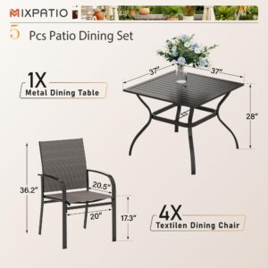 MIXPATIO Patio Table and Chairs Set for 4, 5-Piece Outdoor Dining Set with Brown Textilene Chairs and 37" Square Metal Umbrella Table for Deck Backyard Lawn