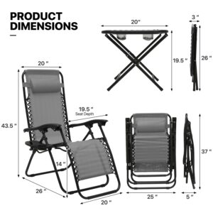 MoNiBloom Indoor/Outdoor Zero Gravity Chairs 3-Piece, Adjustable Folding Reclining Chairs with Folding Table, Pillow and Tray, Pool Patio Lawn Beach Vacation Lounger, 330lbs Capacity, Grey