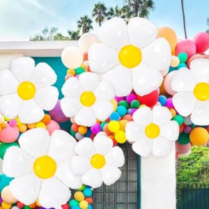 Daisy Balloons- 14Pcs Daisy Flower Foil Balloons for One or Two Groovy Party Decorations Girls Daisy Themed Birthday Party Baby Shower Wedding Daisy Balloons Decorations White