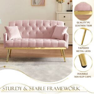 Antetek Upholstered Velvet Loveseat Sofa, Modern Small Sofa Couch with Side Pocket and Golden Metal Legs, Tufted Leisure Sofa for Living Room, Bedroom, Office, Pink